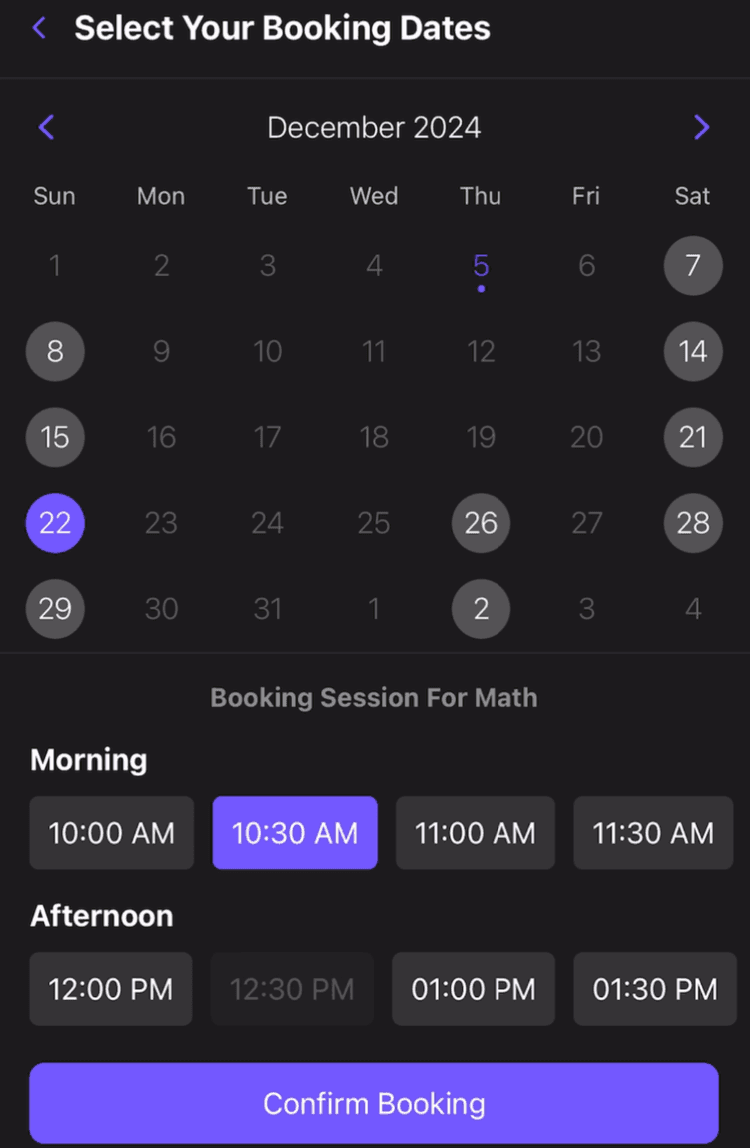 Tutor Scheduling mobile app screenshot
